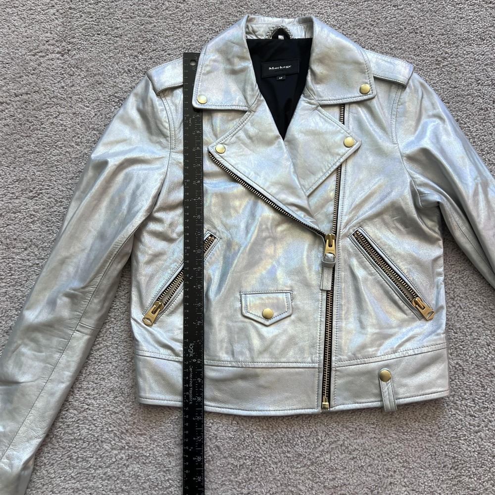 Mackage Moto Biker Jacket Silver Metallic Lambskin Leather Womens Small Zip - Picture 14 of 16